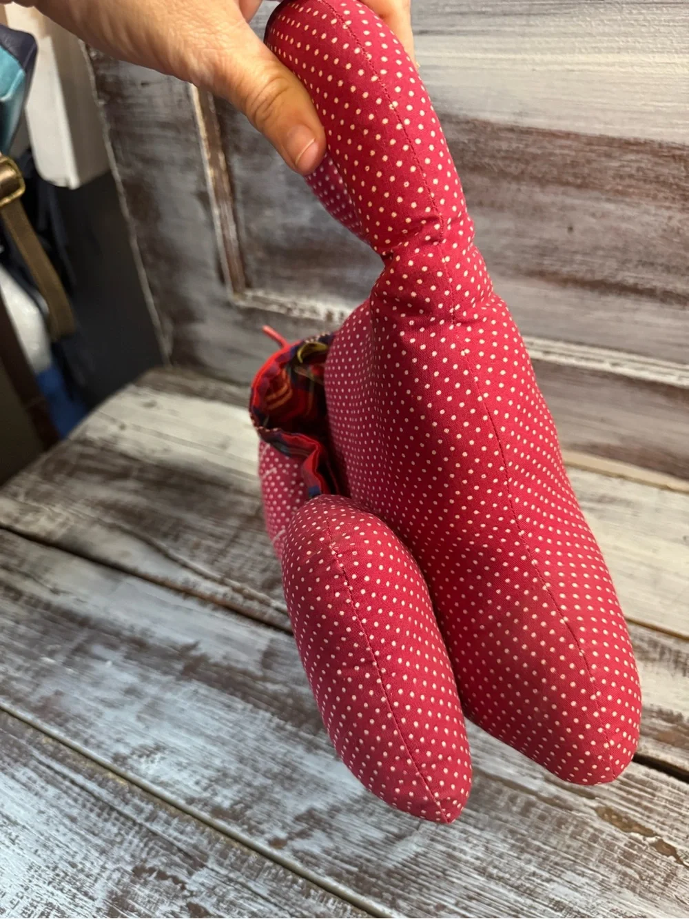 Red Polka Dot Cat Accent Pillow with Plaid Bow -VINTAGE